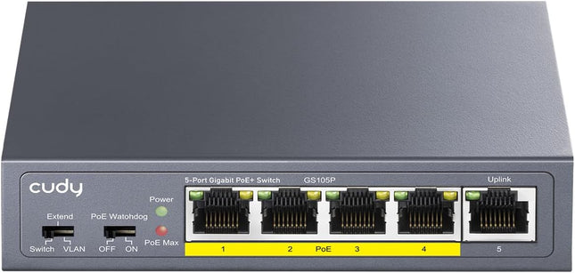 Cudy GS105P – Switch Gigabit 5 ports PoE+ (4 ports PoE+ 802.3af/at, boîtier métal) – 36 W