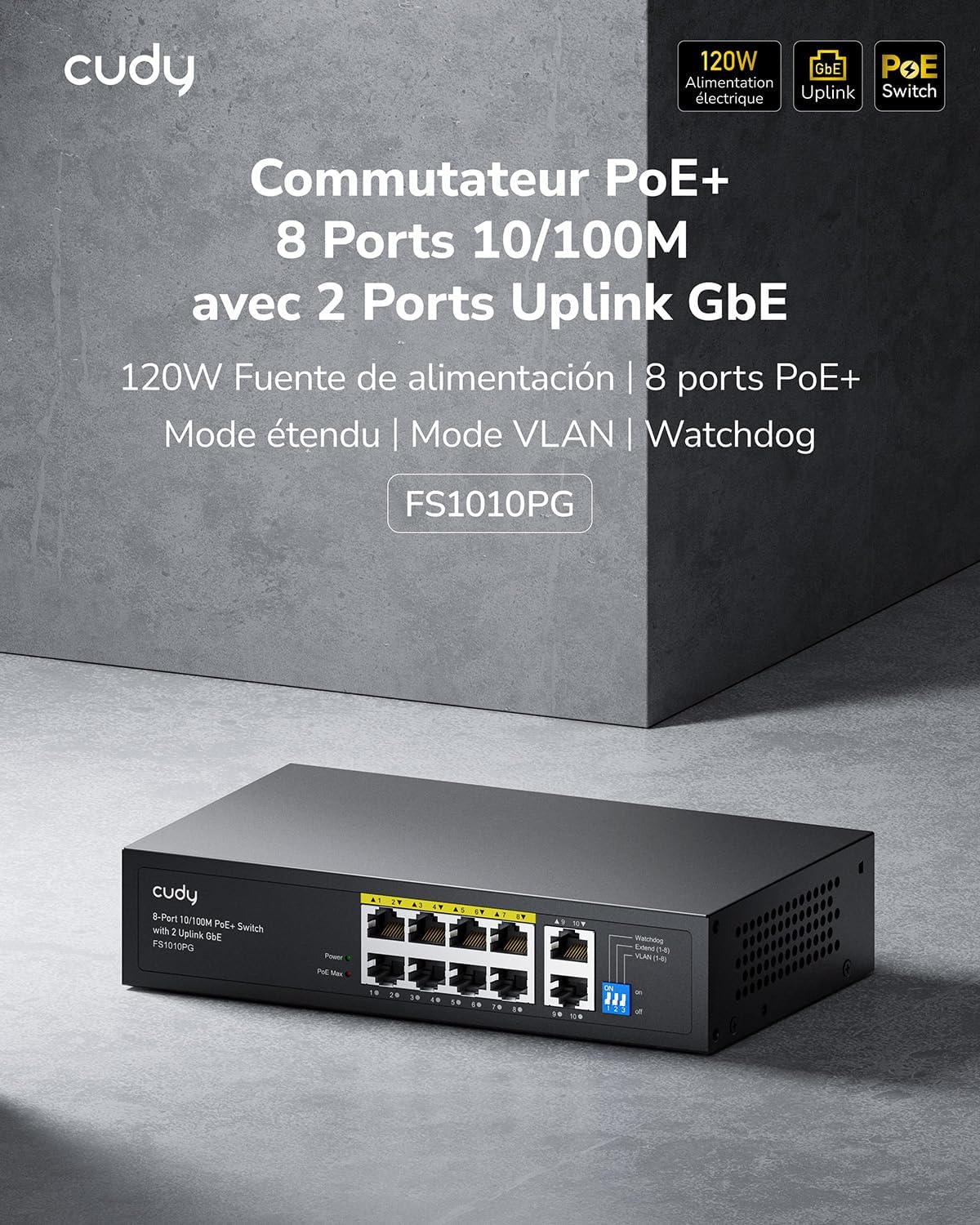 Cudy FS1010PG – Switch PoE+ 8+2 Ports | 120W | Gigabit Uplink | VLAN | Fanless