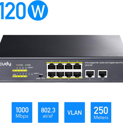 Cudy GS1010P – Switch PoE+ 8+2 Ports Gigabit | 120W | Plug & Play