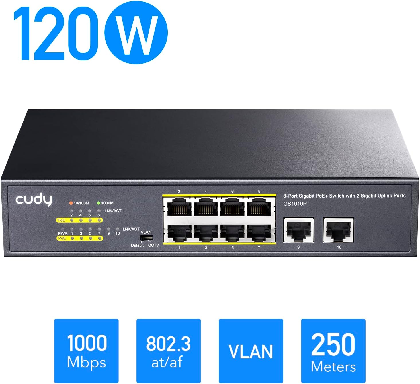 Cudy GS1010P – Switch PoE+ 8+2 Ports Gigabit | 120W | Plug & Play