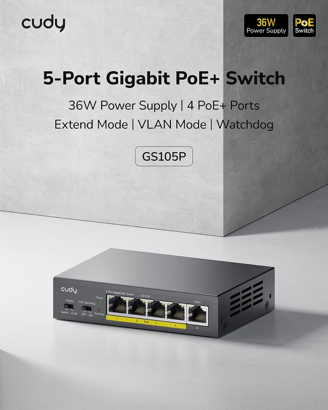 Cudy GS105P – Switch Gigabit 5 ports PoE+ (4 ports PoE+ 802.3af/at, boîtier métal) – 36 W