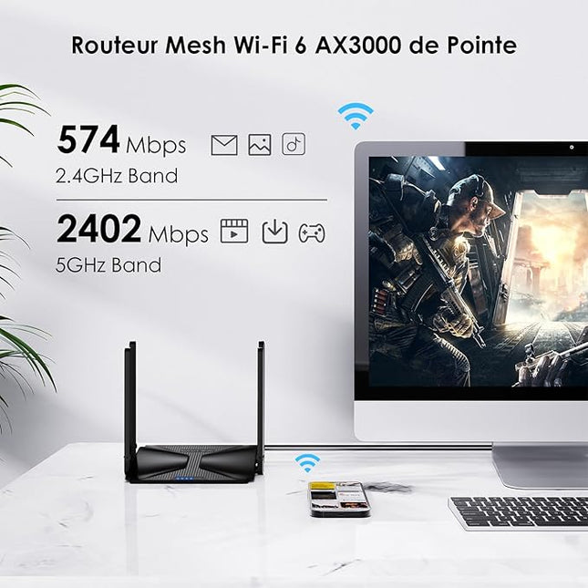 Wavlink AX3000 Routeur WiFi 6 Dual Band 2.4G/5G 3000Mbps - pour Jeu/VR Pro, Réseau Mesh Intégral